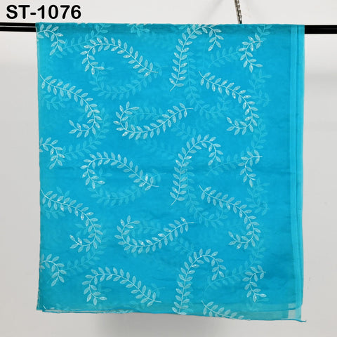 ST-1076 sheer turquoise scarf with white vine pattern embroidery, ideal for lehenga, salwar suits, or ethnic draping styles.