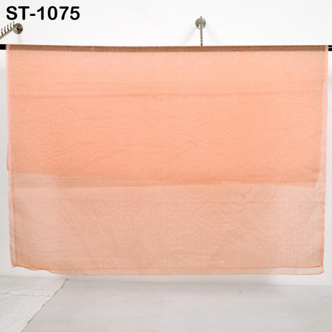 Peach organza dupatta with fine vertical gold stripes, sheer and lightweight, draped on a table and hanging elegantly, perfect for Indian bridal and festive wear.