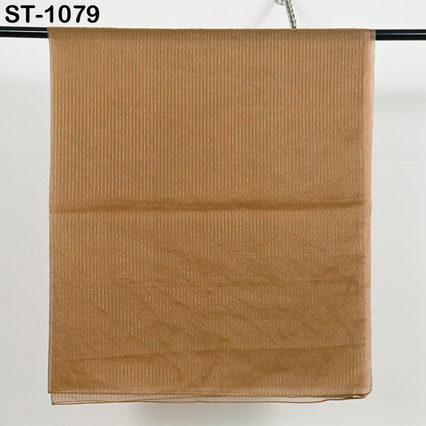 Sheer golden-beige organza scarf draped gracefully, perfect for lehenga or saree styling