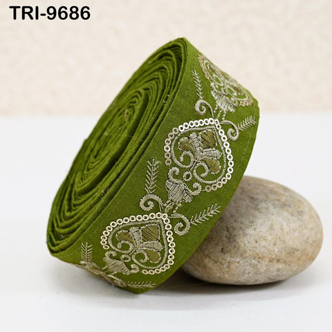 9 Yard Green Embroidery Ribbon 4cm Trim Embroidered Indian Sari Embellishments Crafting Tote Bags Trimming Curtains Headbands Saree Border