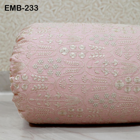 Peachy Pink Cotton Fabric by Yard: Ivory Floral Embroidery, Soft Indian Dress Fabric
