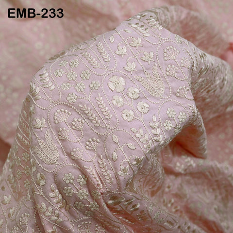 Peachy Pink Cotton Fabric by Yard: Ivory Floral Embroidery, Soft Indian Dress Fabric