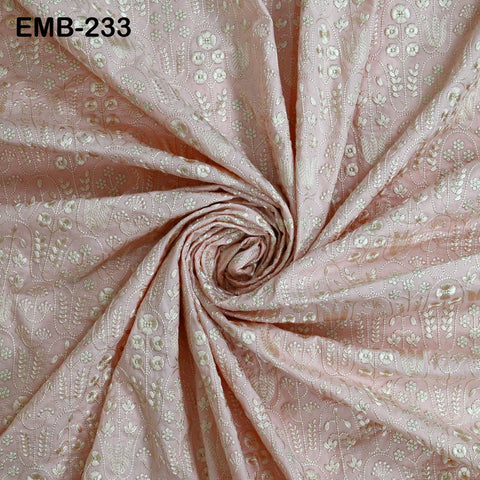 Peachy Pink Cotton Fabric by Yard: Ivory Floral Embroidery, Soft Indian Dress Fabric