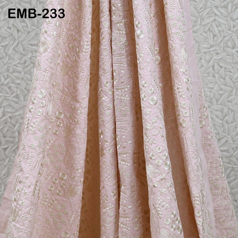Peachy Pink Cotton Fabric by Yard: Ivory Floral Embroidery, Soft Indian Dress Fabric