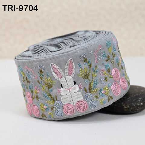 9 Yard Rabbit Embroidery Ribbon 8cm Indian Embroidered Fabric Trim Laces Sari Border Sewing Kids Accessory Junk Journals DIY Crafting Grey