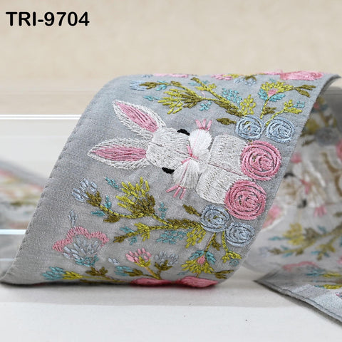 9 Yard Rabbit Embroidery Ribbon 8cm Indian Embroidered Fabric Trim Laces Sari Border Sewing Kids Accessory Junk Journals DIY Crafting Grey