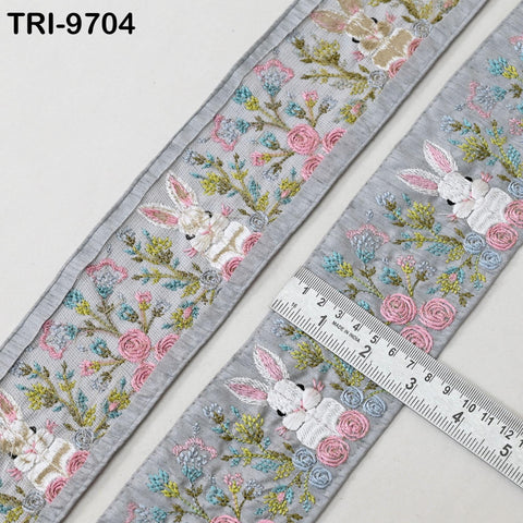 9 Yard Rabbit Embroidery Ribbon 8cm Indian Embroidered Fabric Trim Laces Sari Border Sewing Kids Accessory Junk Journals DIY Crafting Grey