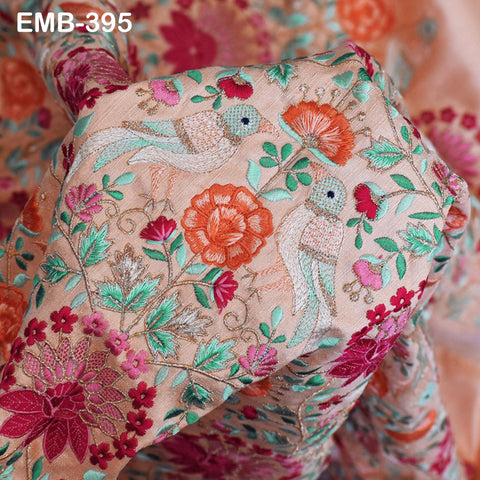 Peach Embroidered Fabric by the yard Sewing DIY Crafting Indian Embroidery Wedding Dress Costumes Dolls Bags Cushion Covers Table Runners