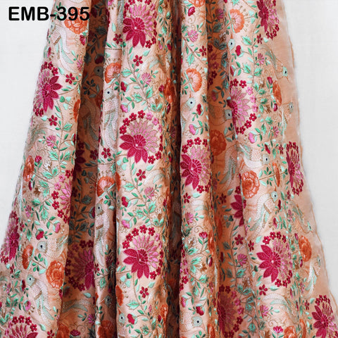 Peach Embroidered Fabric by the yard Sewing DIY Crafting Indian Embroidery Wedding Dress Costumes Dolls Bags Cushion Covers Table Runners