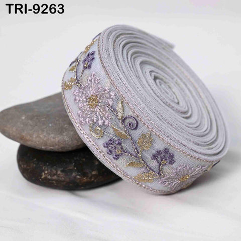 9 Yard Grey Embroidery Ribbon Trim Embroidered Embellishment Sari Sewing Crafting Border Indian Trimming Laces Junk Journals 4 cm