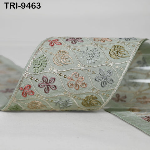 9 Yard Greenish Grey Embroidery Ribbon Trim Saree Border Crafting Sewing Throw Pillow Home Decor Embellishments Costumes Junk Journals 9cm