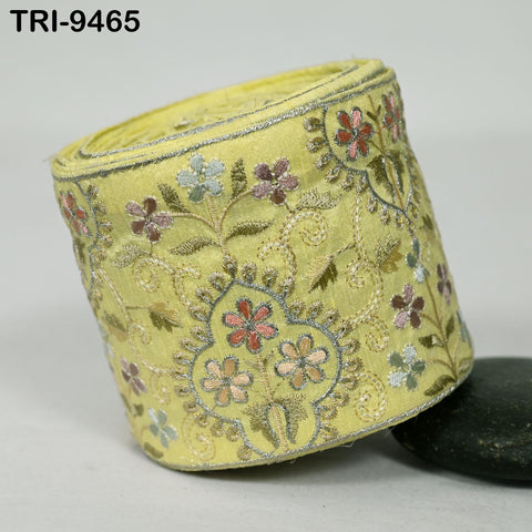 3 Yard Lime Yellow Embroidered Ribbons 10cm Trim Indian Embroidery Laces | Sari Border Saree | DIY Crafting Beach Bag Decorative Trimmings