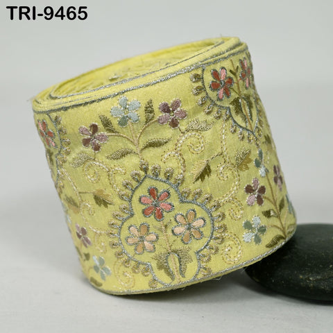 9 Yard Lime Yellow Embroidered Ribbons Trim Indian Embroidery Laces | Sari Border Saree | DIY Crafting Beach Bag Decorative Trimmings 10cm