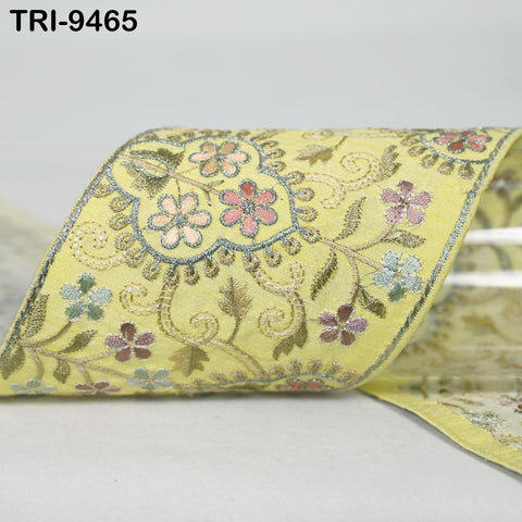 9 Yard Lime Yellow Embroidered Ribbons Trim Indian Embroidery Laces | Sari Border Saree | DIY Crafting Beach Bag Decorative Trimmings 10cm