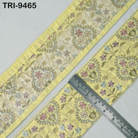 9 Yard Lime Yellow Embroidered Ribbons Trim Indian Embroidery Laces | Sari Border Saree | DIY Crafting Beach Bag Decorative Trimmings 10cm
