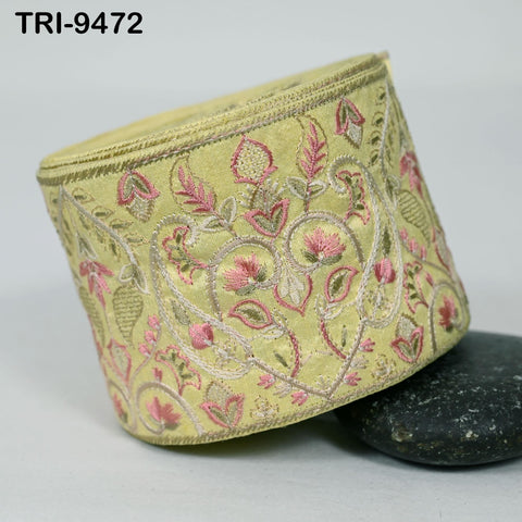 9 Yard Yellow Embroidered Ribbons Trim Indian Embroidery Laces | Sari Border Saree | DIY Crafting Beach Bag Decorative Trimmings Tapes 8.5cm
