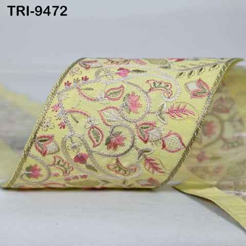 9 Yard Yellow Embroidered Ribbons Trim Indian Embroidery Laces | Sari Border Saree | DIY Crafting Beach Bag Decorative Trimmings Tapes 8.5cm
