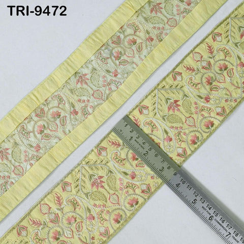 9 Yard Yellow Embroidered Ribbons Trim Indian Embroidery Laces | Sari Border Saree | DIY Crafting Beach Bag Decorative Trimmings Tapes 8.5cm