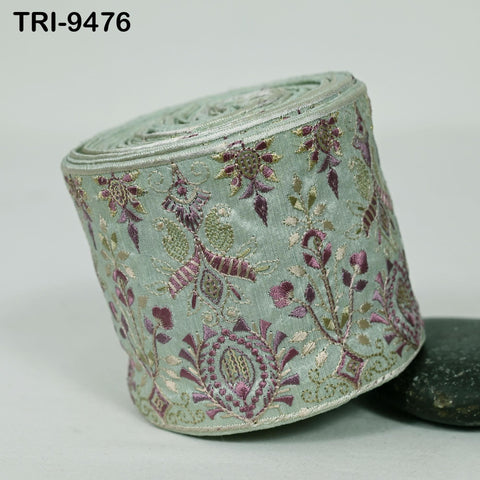 9 Yard Mint Green Embroidered Ribbons Trim Indian Embroidery Laces | Sari Border Saree | DIY Crafting Beach Bag Decorative Trimmings 10cm