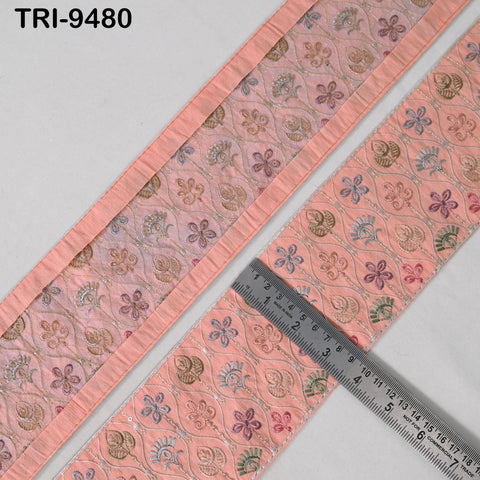 9 Yard Peach Embroidery Ribbon Trim 9 cm Saree Border DIY Crafting Sewing Throw Pillow Home Decor Embellishments Costumes Junk Journals