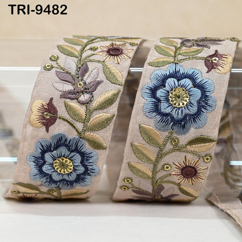 9 Yard Blue Indian 4cm Trim Sari Embroidery Saree Ribbon Embroidered Border Cushions cover Home Décor Sewing Clothing Trimmings