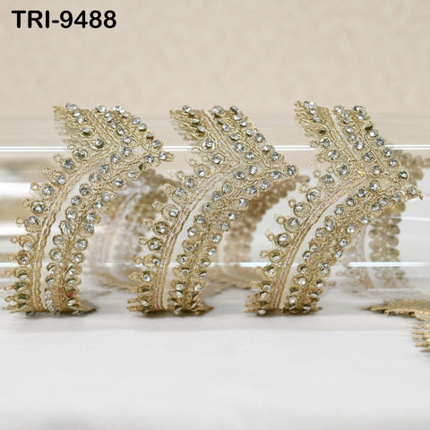 9 Yard Dull Gold Trim Beaded Rhinestone Ribbon Kundan Scallop Edge Lehenga Christmas Dresses Embellishments Saree Border Bridal Laces 4cm
