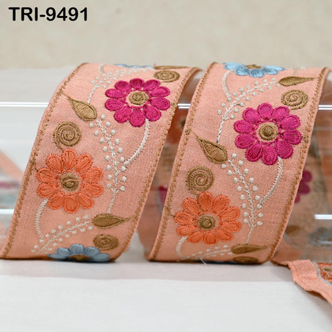 9 Yard Peach Embroidery Ribbon 5cm Trim Sari Border Crafting Embroidered Lampshades Regency Reticules, Victorian Handbags Junk Journals