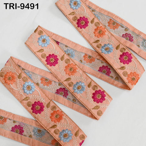 9 Yard Peach Embroidery Ribbon 5cm Trim Sari Border Crafting Embroidered Lampshades Regency Reticules, Victorian Handbags Junk Journals