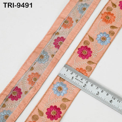 9 Yard Peach Embroidery Ribbon 5cm Trim Sari Border Crafting Embroidered Lampshades Regency Reticules, Victorian Handbags Junk Journals