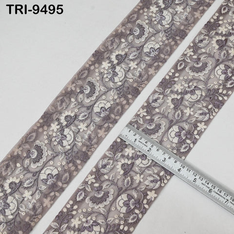 9 Yard Grey Embroidered Ribbons 10cm Trim Indian Embroidery Laces | Sari Border Saree | DIY Crafting Hair Accessory Beach Tote Bags Curtains