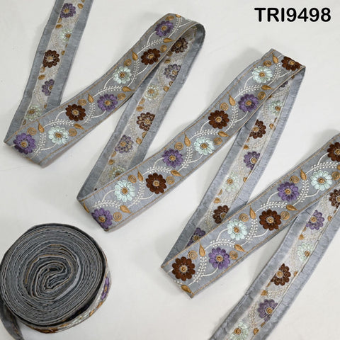 9 Yard Grey Embroidery Ribbon 5cm Trim Sari Border Crafting Embroidered Lampshades Regency Reticules, Victorian Handbags Junk Journals