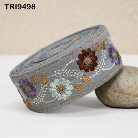 9 Yard Grey Embroidery Ribbon 5cm Trim Sari Border Crafting Embroidered Lampshades Regency Reticules, Victorian Handbags Junk Journals