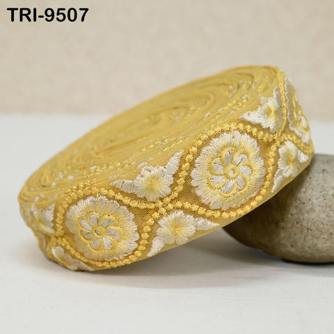 9 Yard Yellow Embroidery Ribbon 4cm Trim Embellishment Sari Sewing DIY Crafting Border Indian Embroidered Laces Home Decor Regency Reticules