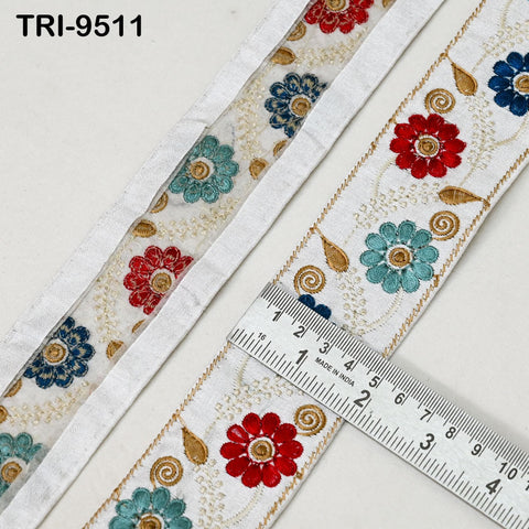 9 Yard White Embroidery Ribbon 5cm Trim Sari Border Crafting Embroidered Lampshades Regency Reticules, Victorian Handbags Junk Journals