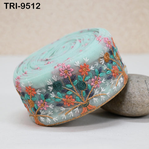 9 Yard Green Indian Embroidery Trim Embroidered Saree Ribbon Embellishments Cushions Sewing Crafting Trimming Curtains Headbands Border 65mm