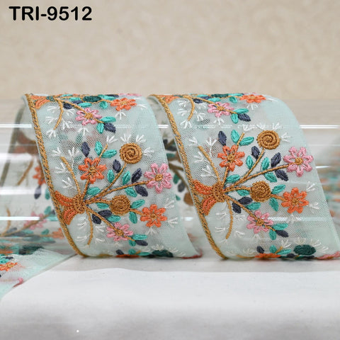 9 Yard Green Indian Embroidery Trim Embroidered Saree Ribbon Embellishments Cushions Sewing Crafting Trimming Curtains Headbands Border 65mm