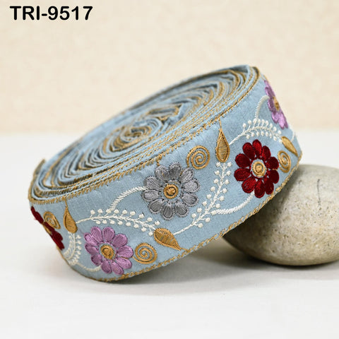 9 Yard Powder Blue Embroidery Ribbon 5cm Trim Sari Border Crafting Embroidered Lampshades Regency Reticules Victorian Handbags Junk Journals