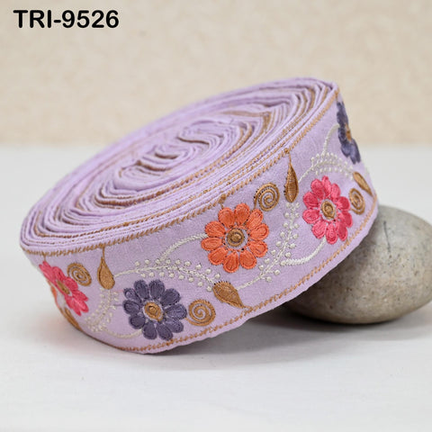 9 Yard Lavender Embroidery Ribbon 5cm Trim Sari Border Crafting Embroidered Lampshades Regency Reticules, Victorian Handbags Junk Journals