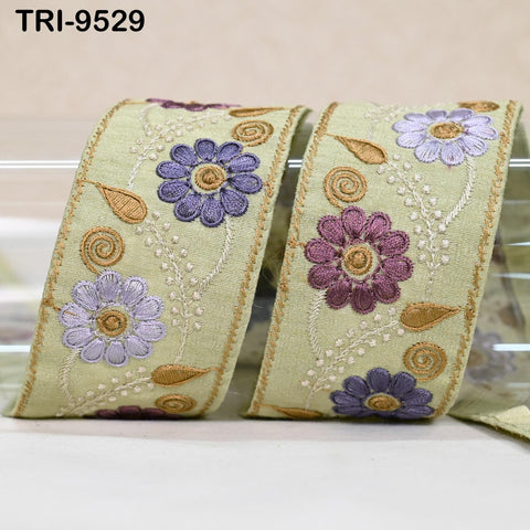 9 Yard Beige Embroidery Ribbon 5cm Trim Sari Border Crafting Embroidered Lampshades Regency Reticules Victorian Handbags Junk Journals