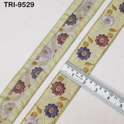 9 Yard Beige Embroidery Ribbon 5cm Trim Sari Border Crafting Embroidered Lampshades Regency Reticules Victorian Handbags Junk Journals