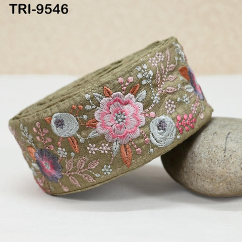 9 Yard Khaki Indian Embroidery Ribbons Trim DIY Crafting Sewing Saree Border Embroidered Tote Bag Theatrical Costumes Holiday Ornaments 5cm