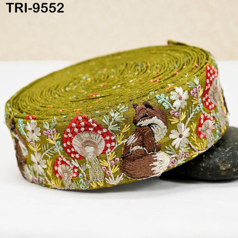 9 Yard Green Embroidery Ribbon Trim Fox Indian Sari Border DIY Crafting Sewing Bag Straps Regency Reticules Home Decor Junk Journals 5cm