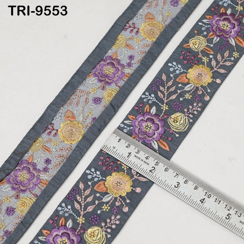 9 Yard Grey Indian Embroidery Ribbons Trim DIY Crafting Sewing Saree Border Embroidered Tote Bag Theatrical Costumes Holiday Ornaments 5cm