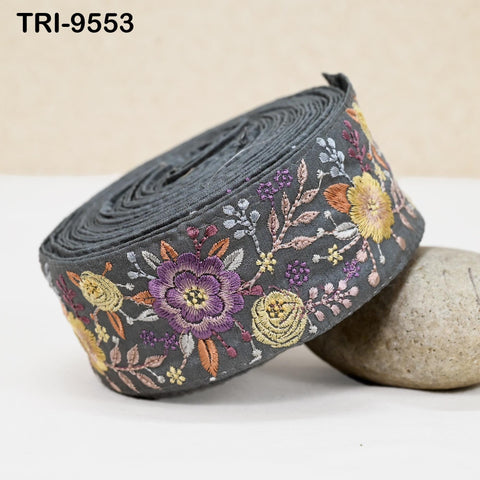 9 Yard Grey Indian Embroidery Ribbons Trim DIY Crafting Sewing Saree Border Embroidered Tote Bag Theatrical Costumes Holiday Ornaments 5cm