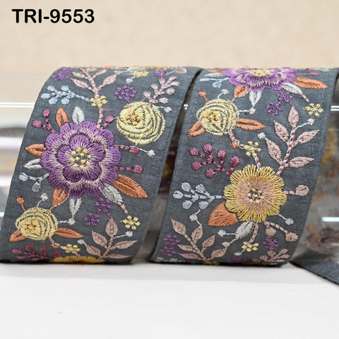 9 Yard Grey Indian Embroidery Ribbons Trim DIY Crafting Sewing Saree Border Embroidered Tote Bag Theatrical Costumes Holiday Ornaments 5cm