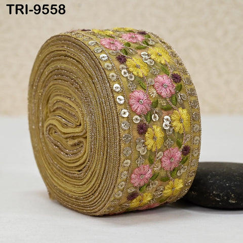 9 Yard Embroidery Yellow Ribbon Trim Embellishments DIY Crafting Indian Home Decor Embroidered Decorative Saree Border 60mm Junk Journals