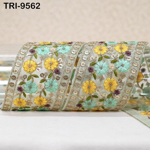 9 Yard Embroidery Ribbon Trim Pale Mint Embellishments DIY Crafting Indian Home Decor Embroidered Decorative Saree Border 60mm Junk Journals