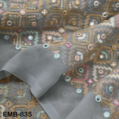 Grey Embroidered Georgette Fabric by Yard Indian Embroidery Sewing Curtain DIY Crafting Summer Women Dress Material Drapery Home Decor