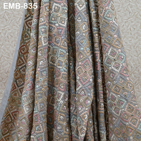 Grey Embroidered Georgette Fabric by Yard Indian Embroidery Sewing Curtain DIY Crafting Summer Women Dress Material Drapery Home Decor