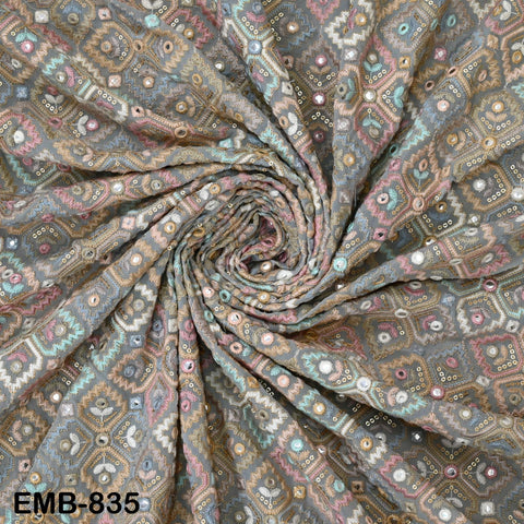Grey Embroidered Georgette Fabric by Yard Indian Embroidery Sewing Curtain DIY Crafting Summer Women Dress Material Drapery Home Decor
